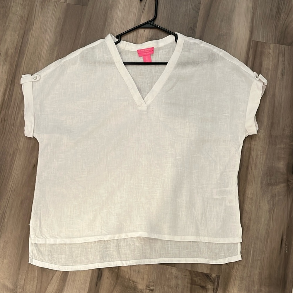 Isaac Mizrahi White V-Neck Short Sleeve Blouse